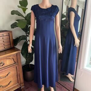 Vintage 90s Navy Satin Empire Waist Formal Maxi Dress